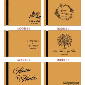 May include: Six different designs for a personalized photo album cover. The covers are all a light brown color with black text and images. The designs include owls, a wreath, a tree, a couple's names, and a signature.