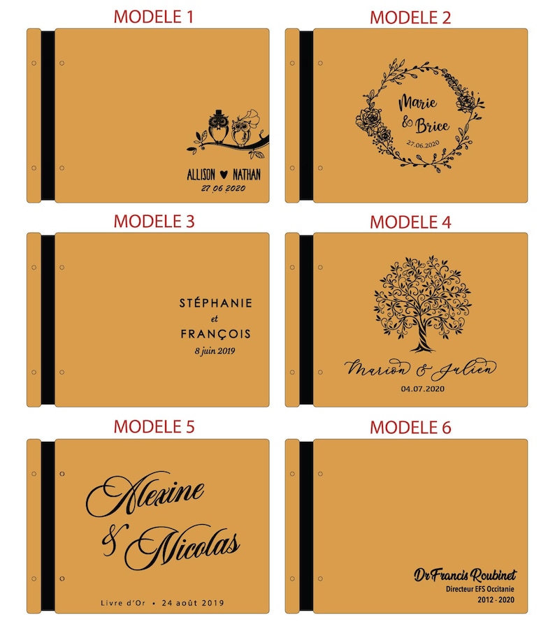 May include: Six different designs for a personalized photo album cover. The covers are all a light brown color with black text and images. The designs include owls, a wreath, a tree, a couple's names, and a signature.