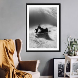 May include: A black and white photograph of a manta ray swimming in the ocean. The ray is in the middle of the image, with its wings spread out. The water is clear and blue, and the sand is white.