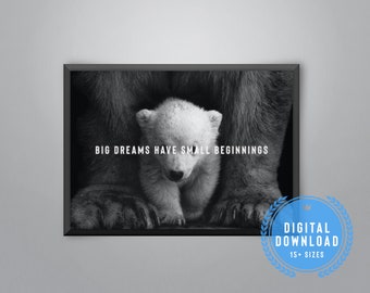 Grote dromen hebben een klein begin afdrukbare kunst, motiverende quote print, kunst aan de muur, motiverende kunst, * Instant download *