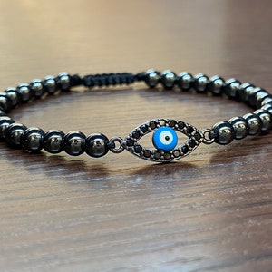 Beautiful hematite Stone blue cubic zirconia Evil eye bracelet,Evil eye jewelry,Beaded bracelet