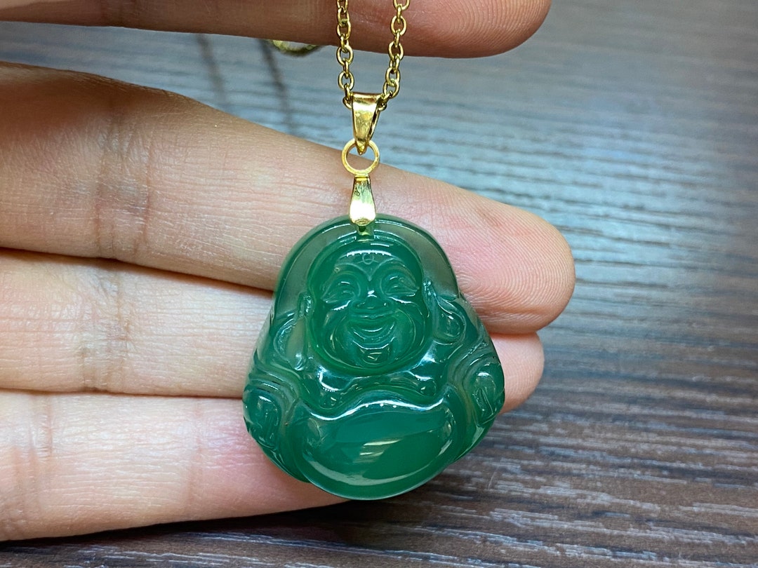 Green Jade Buddha Necklace , Imperial Green Jades Buddha Pendant 18k