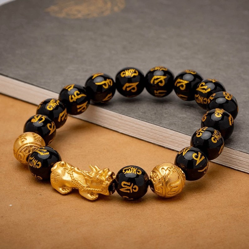 Feng Shui Pixiu Obsidian Wealth Bracelet Gold Dragon Etsy
