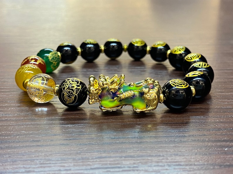Feng Shui Pixiu Obsidian Wealth Bracelet Gold Dragon Etsy
