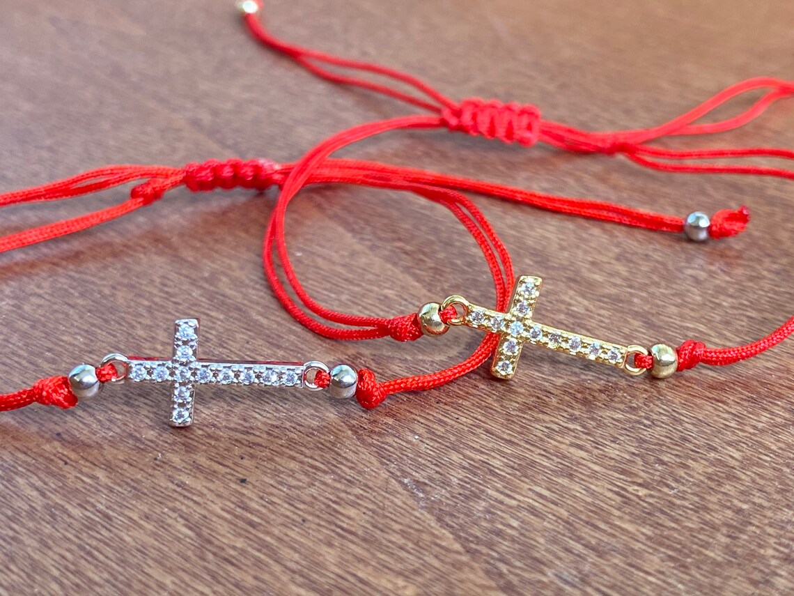 Red string cross bracelet. Stainless steel cross bracelet. Etsy