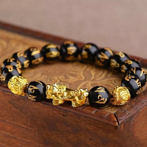 Feng Shui Pixiu Obsidian Wealth Bracelet Gold Dragon - Etsy