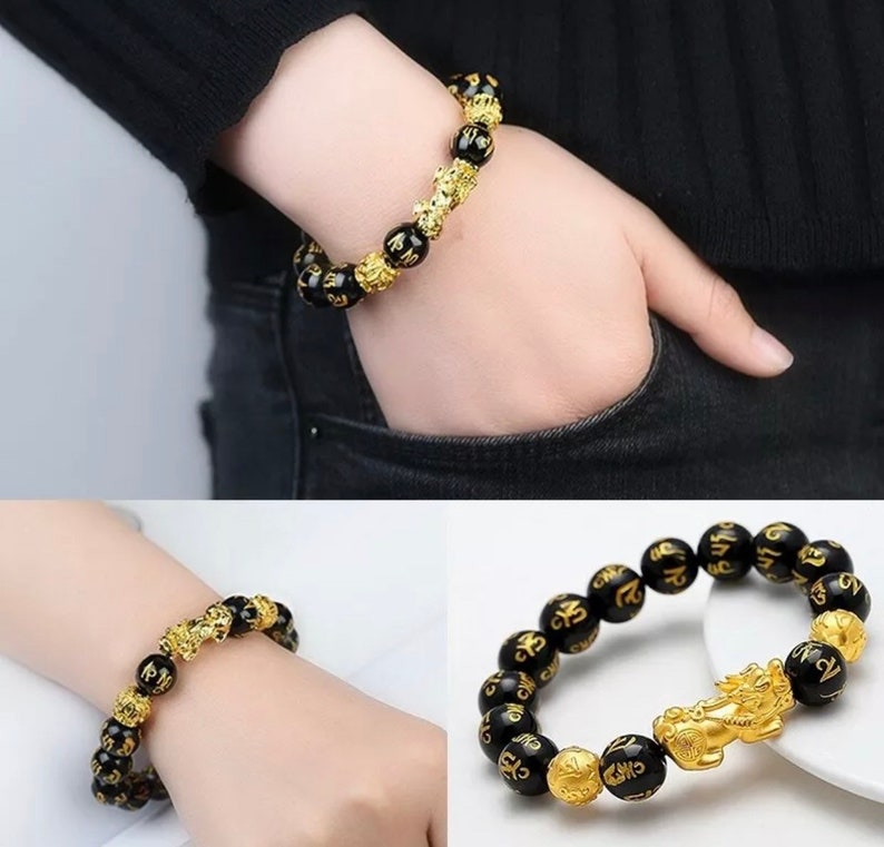 Feng Shui Pixiu Obsidian Wealth Bracelet Gold Dragon | Etsy