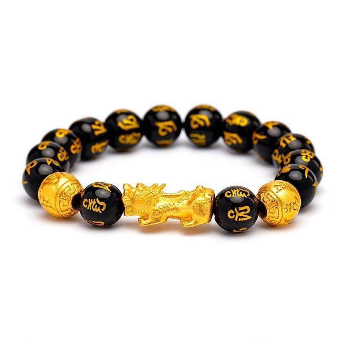 Feng Shui Pixiu Obsidian Wealth Bracelet Gold Dragon Etsy