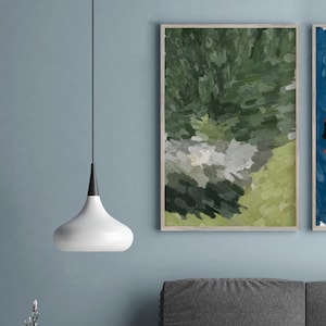 Bosgroene kunst, groene abstracte schilderkunst, grote muurkunst, saliegroene abstracte kunst, donkergroene muurkunst, abstract landschap, woonkamerkunst