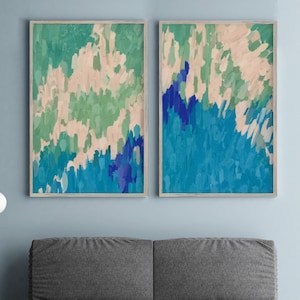 Green & Blue Abstract Art Prints: Modern Giclee Set of 2