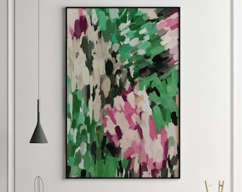 Op de afbeelding: Abstract schilderij met roze, groene en zwarte penseelstreken. Het schilderij is ingelijst in een zwart frame en hangt aan een witte muur.