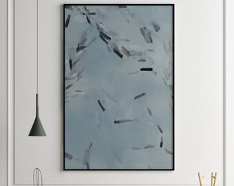 May include: A light blue abstract painting with black lines hanging on a white wall above a wooden table with a cactus, plants, and a wooden stool.