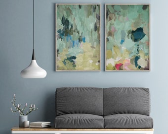Green Abstract Art Prints: Modern Giclée Set of 2