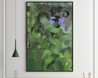 Op de afbeelding: Een houten tafel met een houten kruk en een houten kapstok. Er staat een plant in een pot op de tafel en een cactusbeeldje op de tafel. Een ingelijst abstract schilderij met groene en paarse kleuren hangt aan de muur achter de tafel.