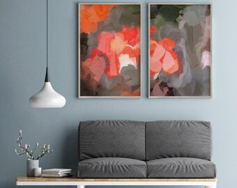 Abstract Painting Living Room Orange Grey Wall Art Gallery Wall Set of 2 Oversized Large Wall Modern