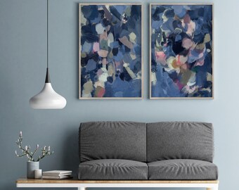 Indigo Abstract Art Prints Set: Navy Blue Oversized Wall Decor