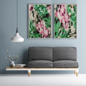 Green and Pink Abstract Art Prints: Modern Gallery Wall Set