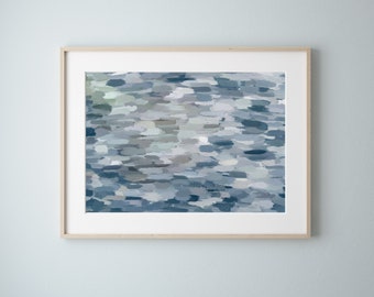 Blue Large Wall Art Abstract Water Painting Neutral Modern Minimalist Landscape Print