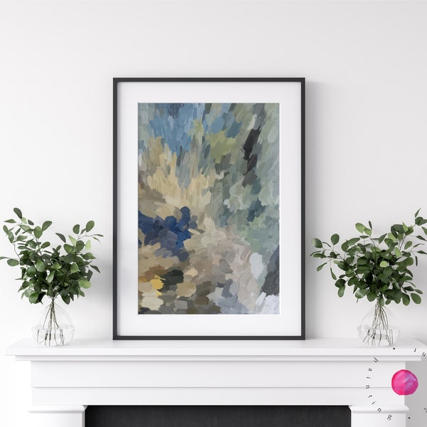 Blue and Green Art, Navy Blue Green Print, Neutral Wall Art, Modern Art, Pastel Art Print, Blue and Beige Large Wall Art Abstract Painting