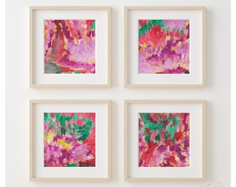 Abstract Square Art Prints: Pink, Red, Green Gallery Wall Set