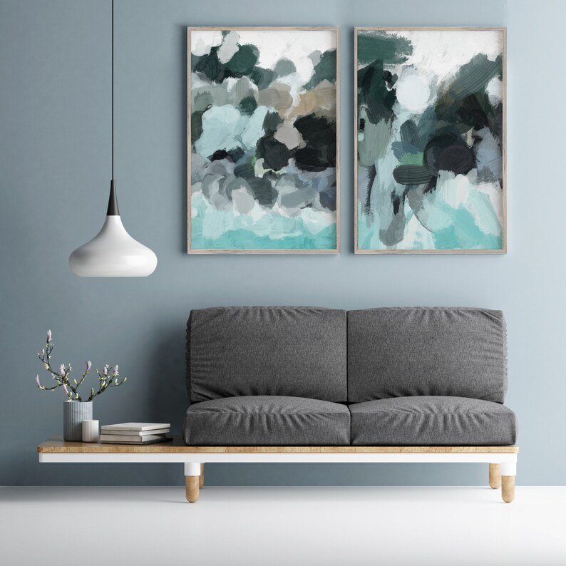 Set of 2 Wall Art Large Wall Art Abstract Art Set Teal Etsy