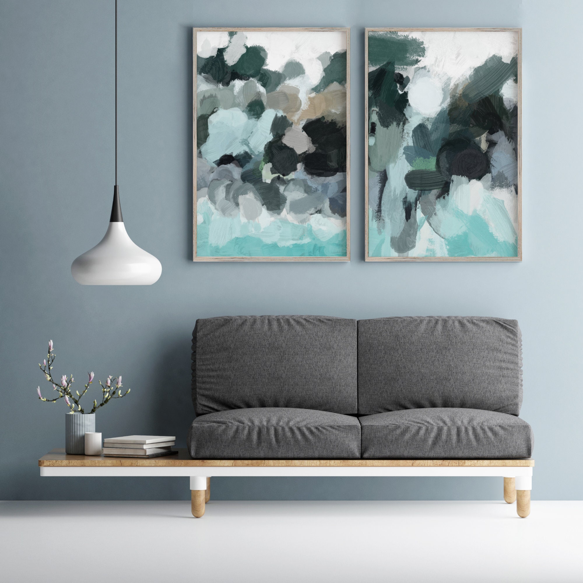Set of 2 Wall Art Large Wall Art Abstract Art Set Teal Etsy