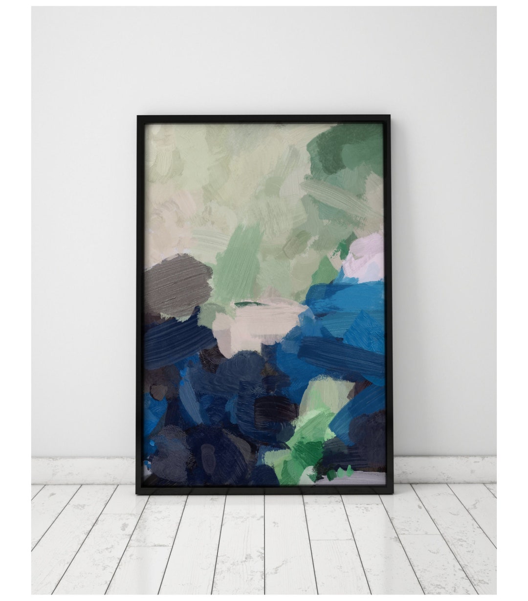 Green and Blue Wall Art, Navy Blue Abstract Art, Indigo Wall Art Brush