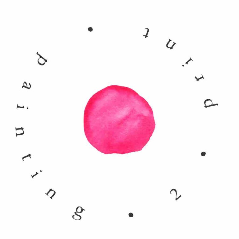 May include: A watercolor painting with a bright pink circle in the center. The words "painting 2" are arranged in a circle around the pink circle, with black dots separating the words.