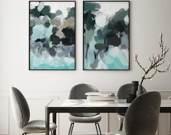 Teal Abstract Art Prints: Modern Brush Stroke Set of 2