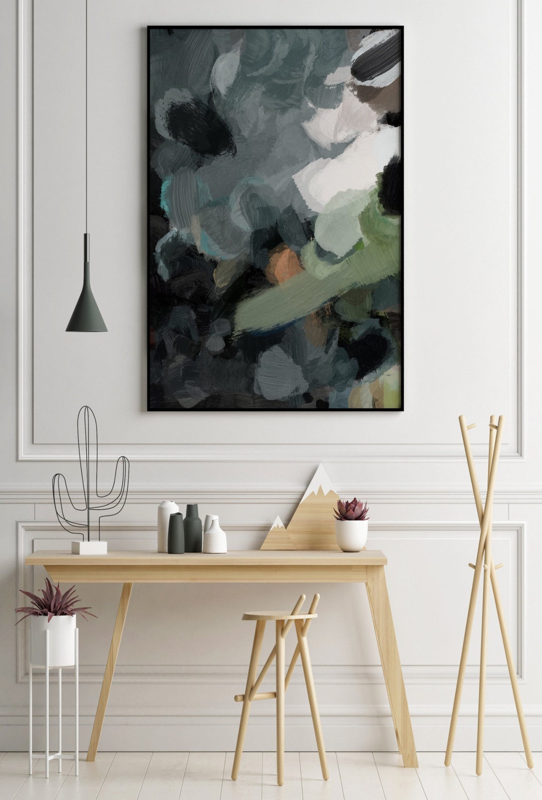 Abstract Print, Green Gray Wall Art, Dark Abstract Painting