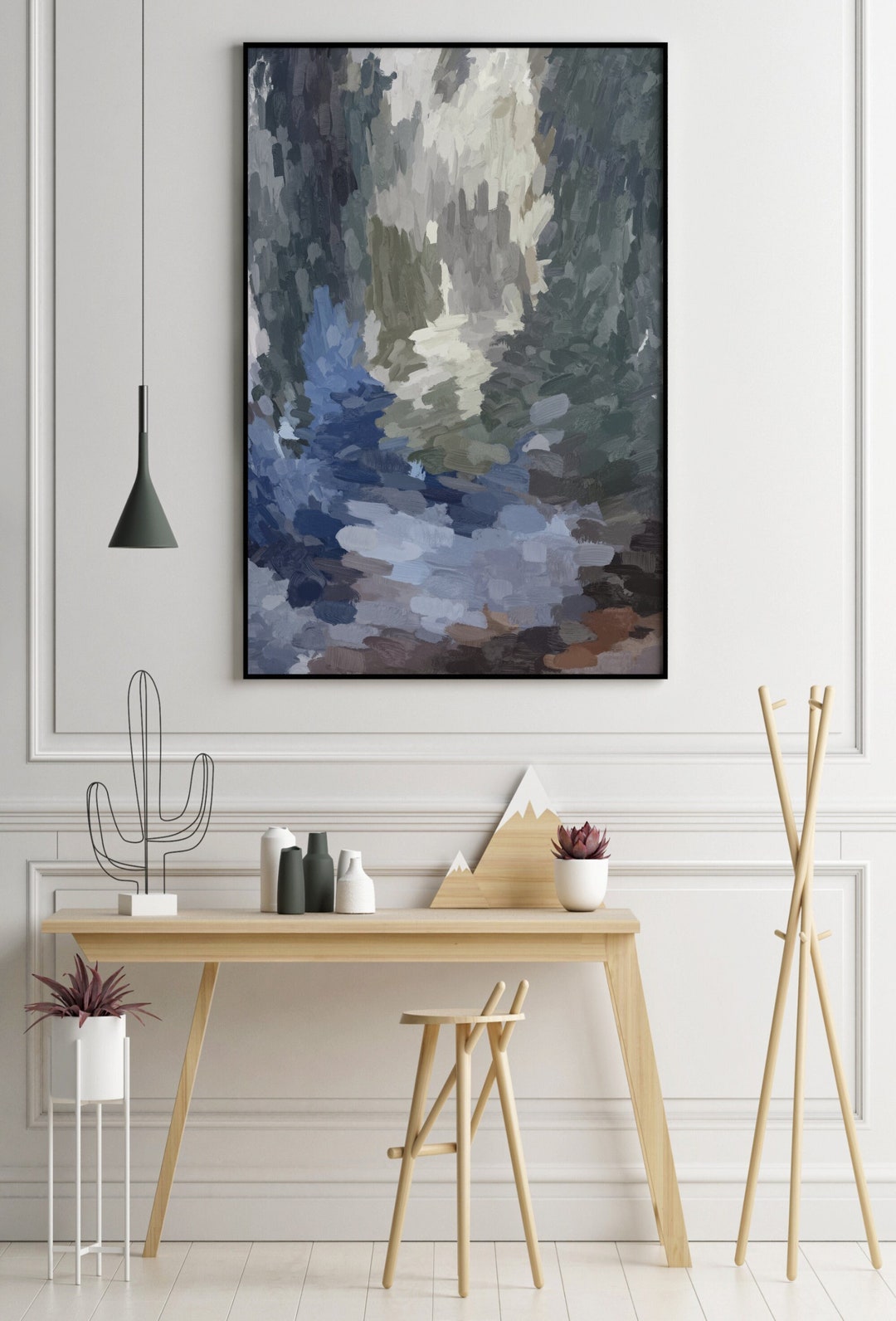 ブルーグレーの抽象画：モダンジクレープリント - Etsy 日本