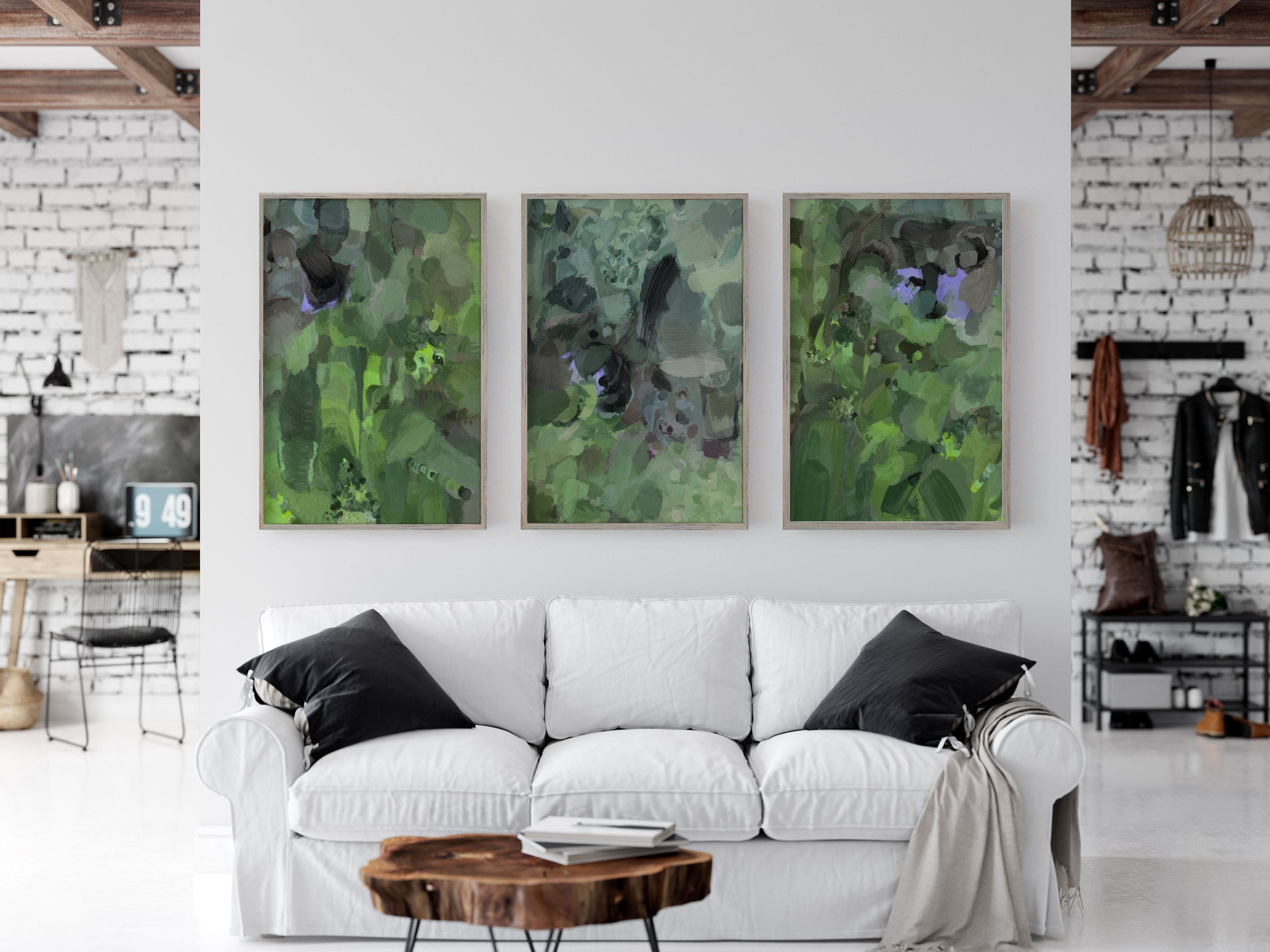 Living Room Wall Art, Big Wall Art, Large Green Wall Art, Set of 3 Wall ...