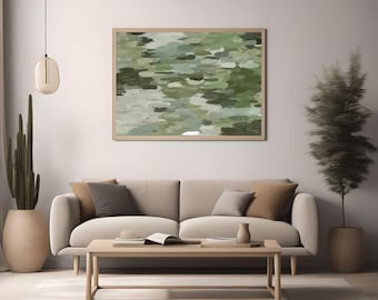 Op de afbeelding: Een lichtbeige bank met twee kussens, een salontafel, een cactus in een pot en een ingelijst abstract schilderij met groene en blauwe penseelstreken.