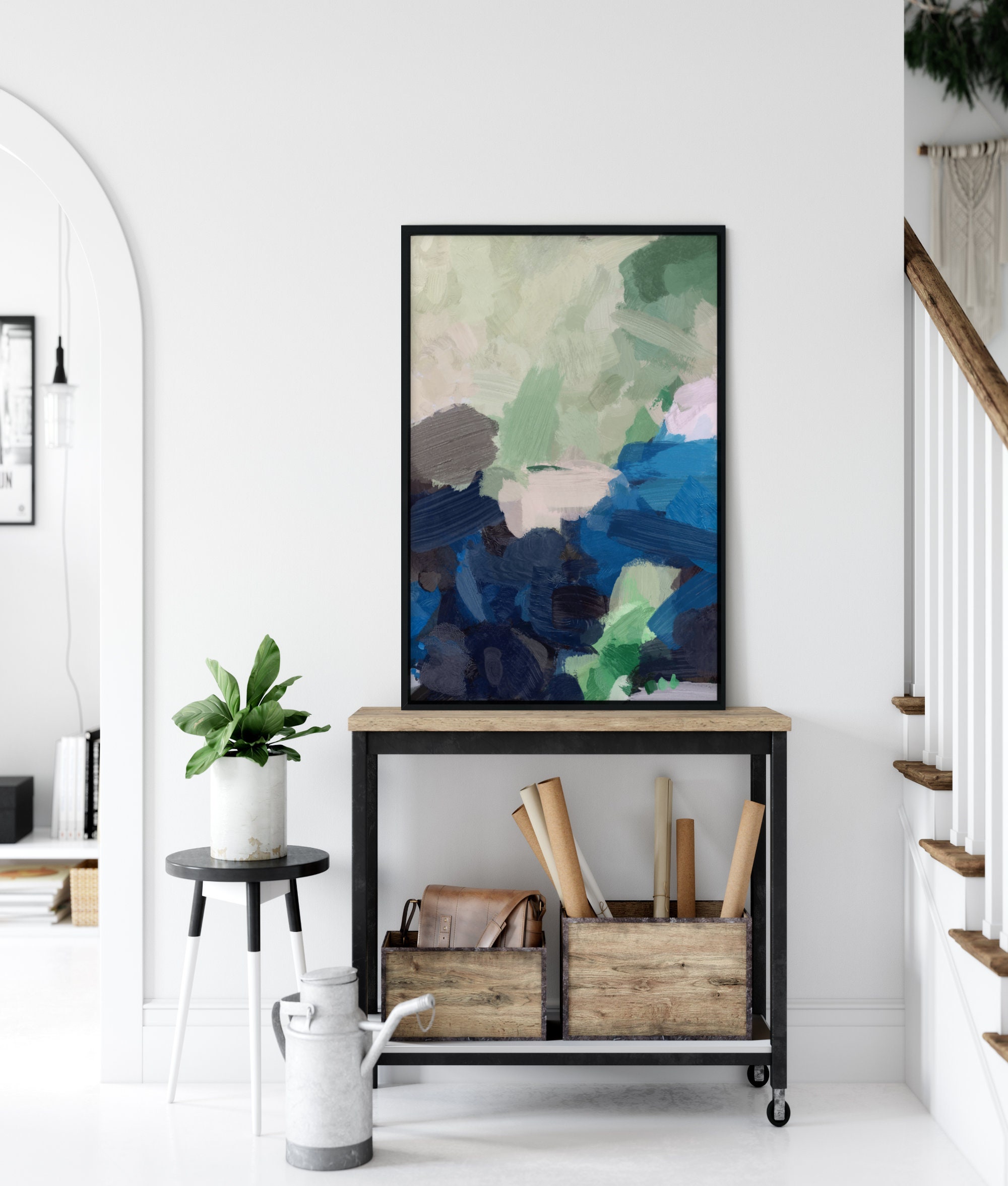 Green and Blue Wall Art, Navy Blue Abstract Art, Indigo Wall Art Brush