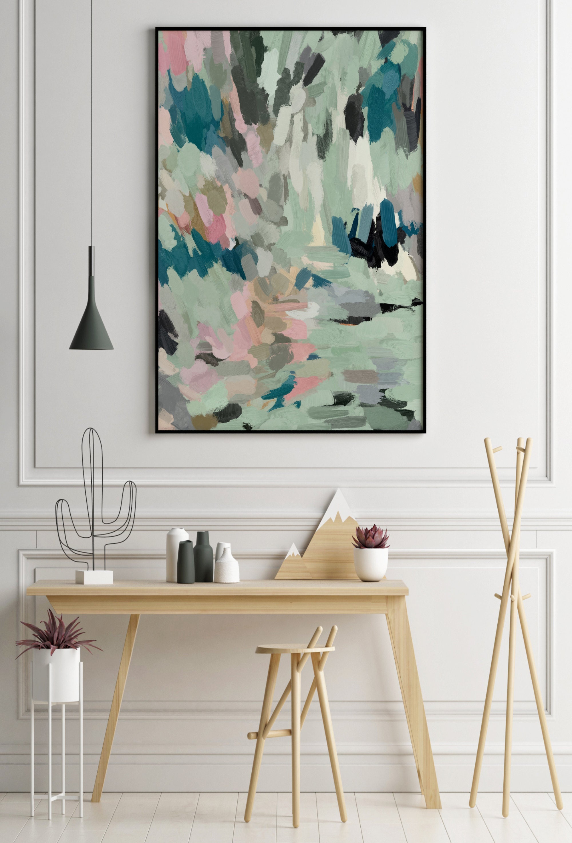 Green Abstract Painting, Mint Green Wall Art, Living Room Large Wall