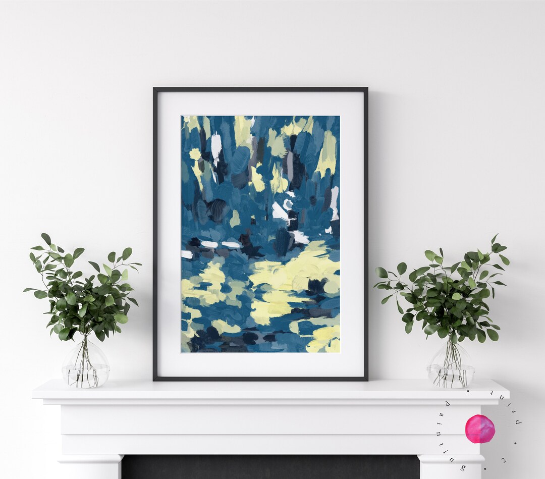 Abstract Painting Blue Teal Yellow Wall Art Contemporary Fine Etsy
