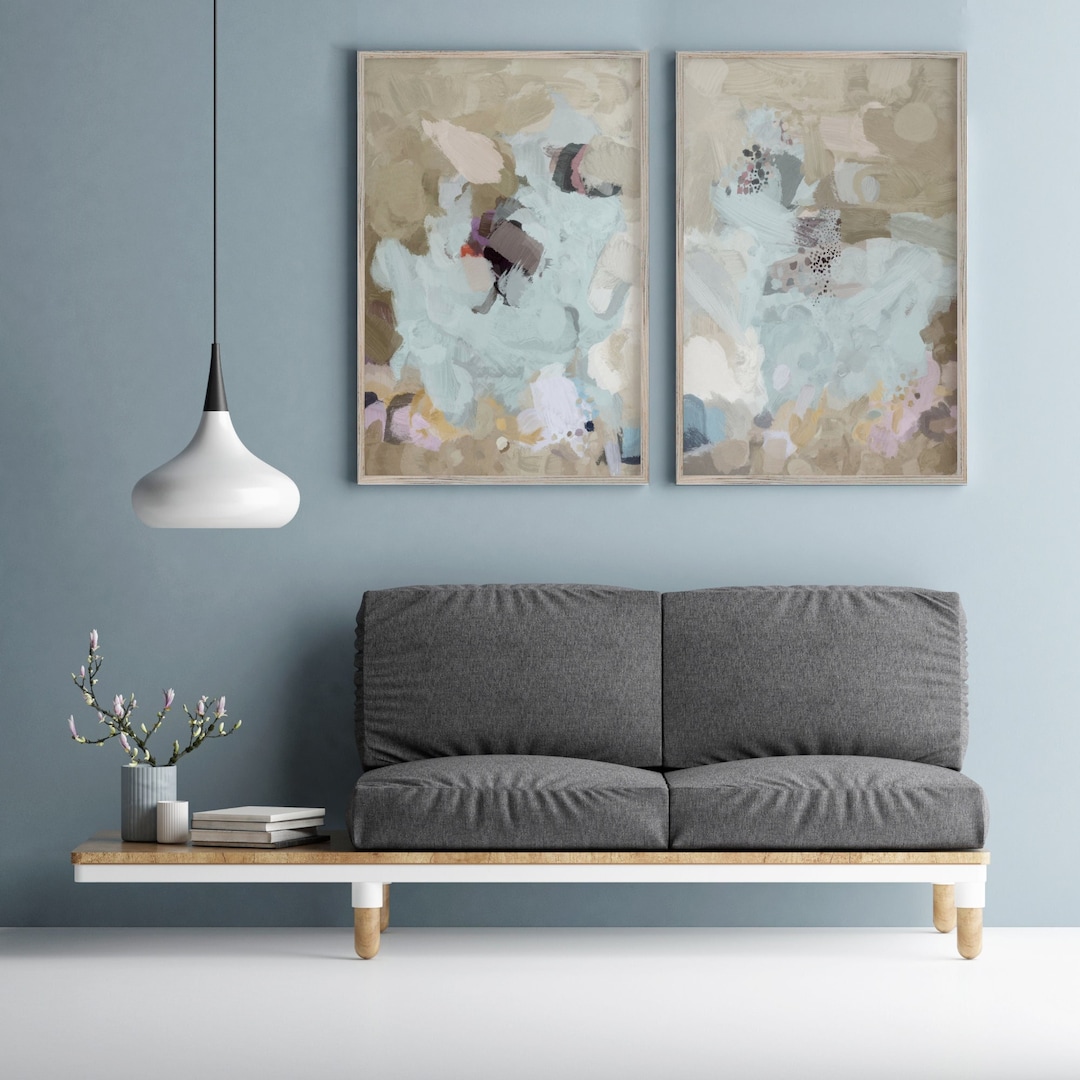 Bedroom Art Set of 2 Wall Art, Blue and Beige Wall Art, Large Wall Art