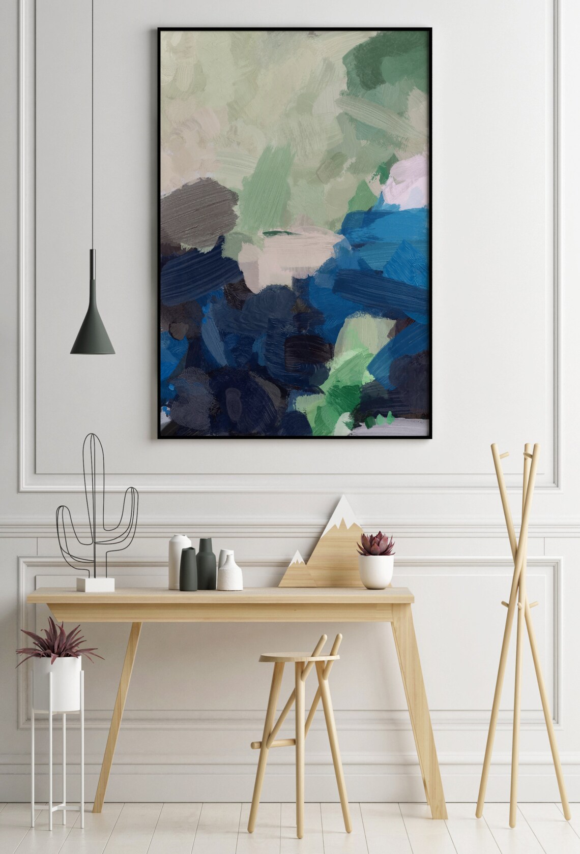 Green and Blue Wall Art, Navy Blue Abstract Art, Indigo Wall Art Brush