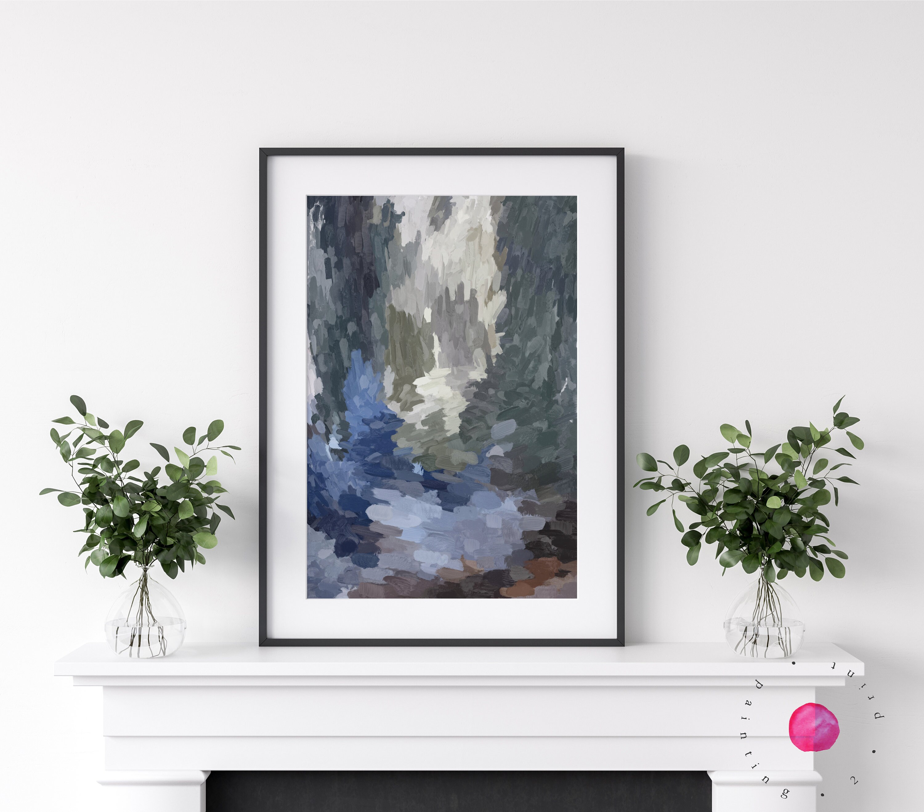 ブルーグレーの抽象画：モダンジクレープリント - Etsy 日本