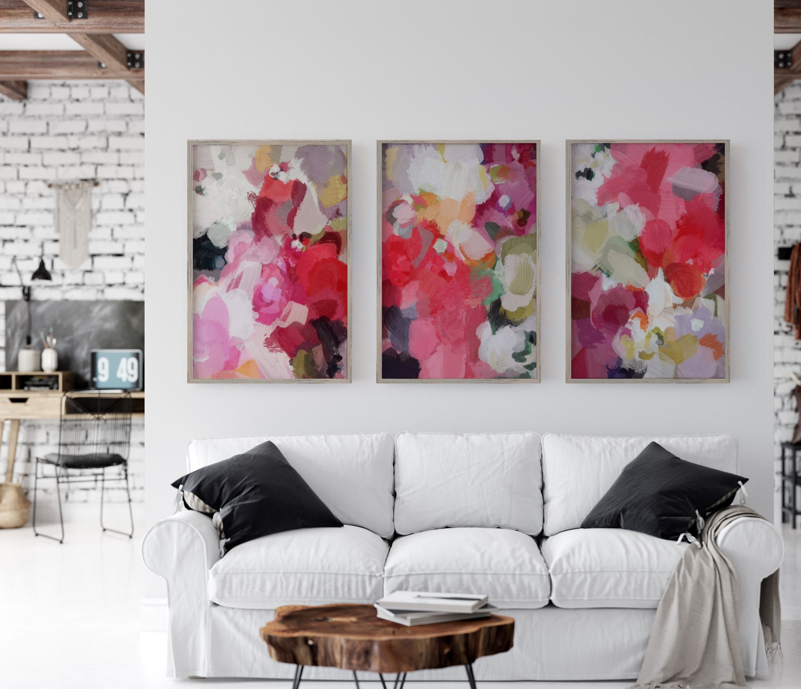 Set of 3 Abstract Art Prints, Red Pink Abstract Prints, Colorful Large ...