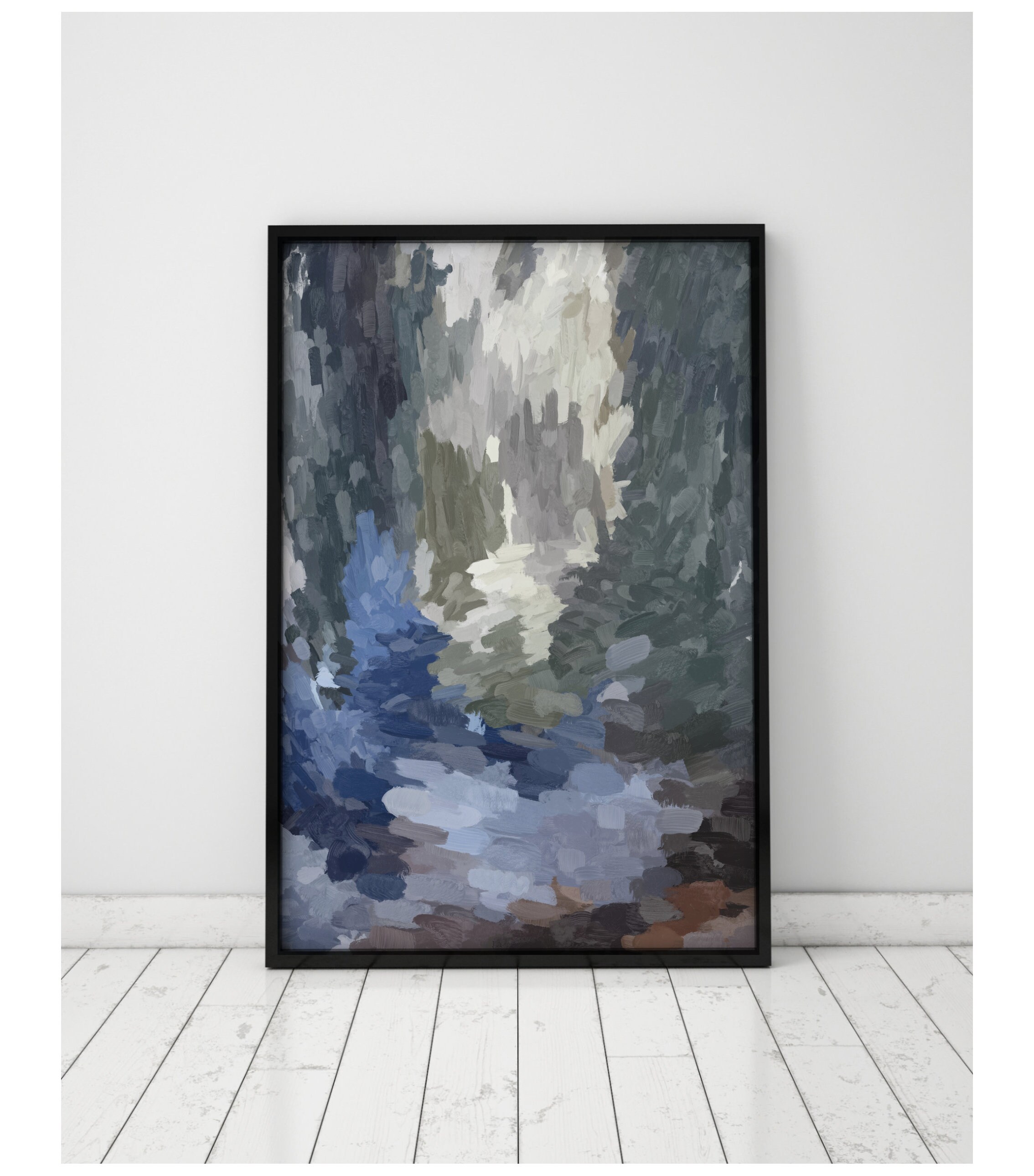 ブルーグレーの抽象画：モダンジクレープリント - Etsy 日本