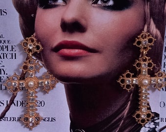 Church crystal filigree cross earrings pretty gothic gold plate dangle drop earrings winter bride vampire rosary earrings handmade stud