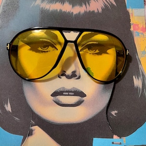 Żółte, lekkie oprawki, okulary przeciwsłoneczne z lat 70. w odcieniu żółtego, Jackie O., retro, gradientowe, lat 70., duże, lotnicze, fajny styl vintage, plaża, Ibiza