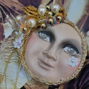 House of harlequin man in moon brooch with cluster flowers coat pin hat face sun mask vintage chain pearl jewellery handmade gold 80s circus