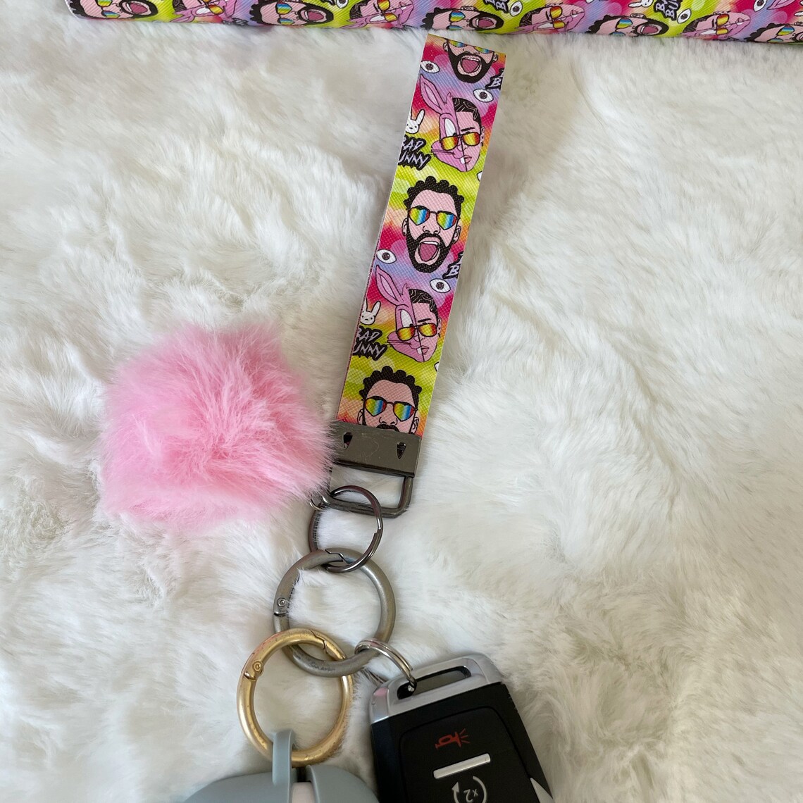 Bad Bunny keychain/wristlet with pom Pom Etsy