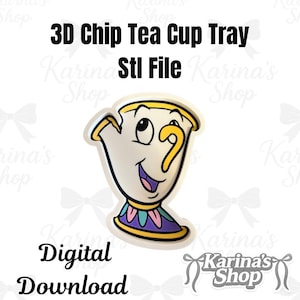 Puede incluir: Un archivo de descarga digital con un diseño de bandeja de taza de té Chip en 3D. La imagen muestra una taza de té Chip de estilo caricatura con una cara sonriente, un asa amarilla y una base colorida. El texto incluye "3D Chip Tea Cup Tray Stl File" y "Digital Download."