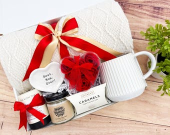 Cesta de regalo para el Día de la Madre, manta acogedora, set de spa vegano.