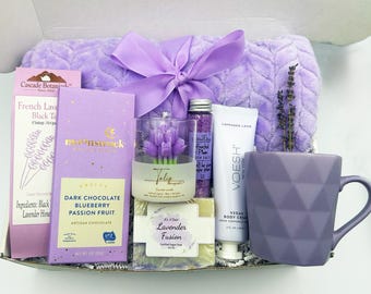Caja de regalo de lavanda: jabón vegano, manta, té y taza - Regalo Hygge Spa