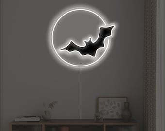 Bat and Moon LED Neon Sign - Perfect Halloween Lamp for a Spooktacular Party! - Choose your color, size and control your brightness!