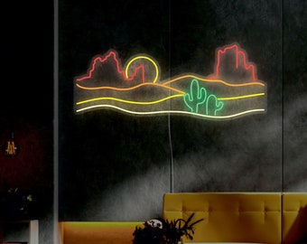 Western Desert With Cactus LED Neon Sign | Cactus Wall Decor | Nature Aesthetic | Sandy Desert Mountains | Travelers gift